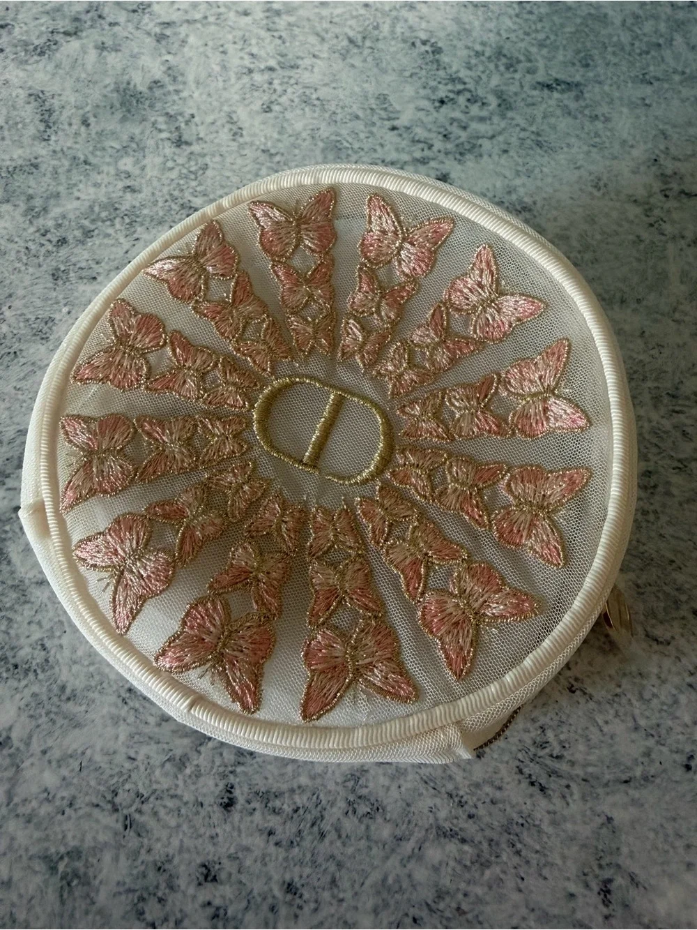 Dior Embroidered Butterfly Round Cosmetic Pouch - Pink & Gold